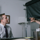 Matthew MacFadyen (L) and director Kitty Green (R) on the set of The Assistant